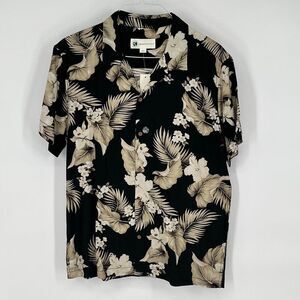NWT AEROPOSTALE Mens Hawaiian Shirt L Black Tan Floral Button Up Tropical Resort
